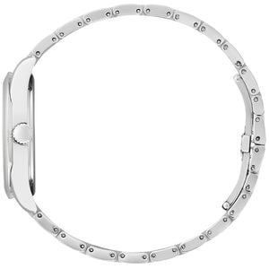 Side profile of Citizen EM0870-58A showcasing the slim stainless steel case and textured crown.
