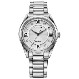 Citizen EM0870-58A Arezzo watch featuring a stainless steel case, silver-tone dial with black hands, Roman numerals, and diamond hour markers, and matching bracelet—front view.