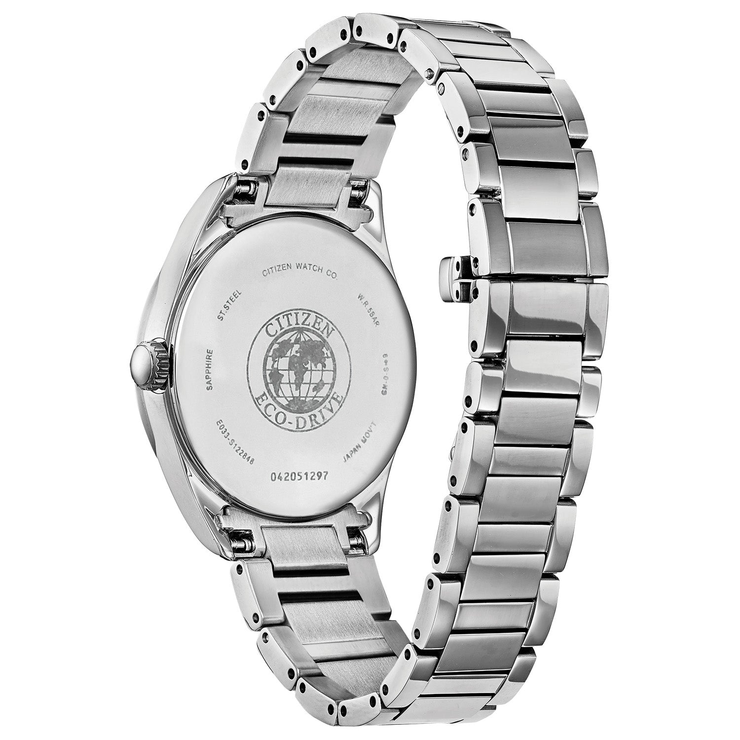 Back view of Citizen EM0870-58A highlighting the stainless steel case back with engraved details.