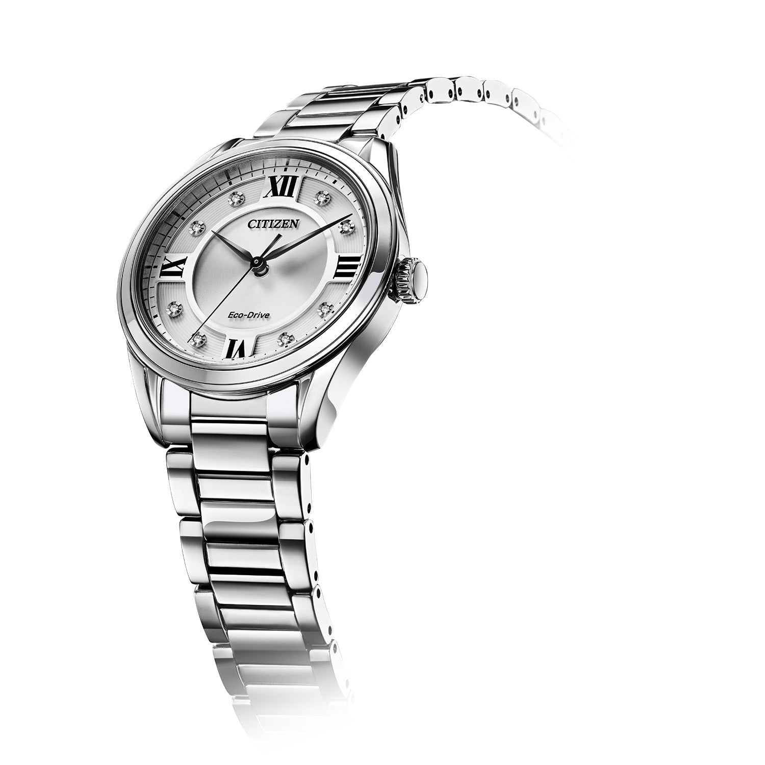 Citizen EM0870-58A Arezzo watch featuring a stainless steel case, silver-tone dial with black hands, Roman numerals, and diamond hour markers, and matching bracelet—front view.