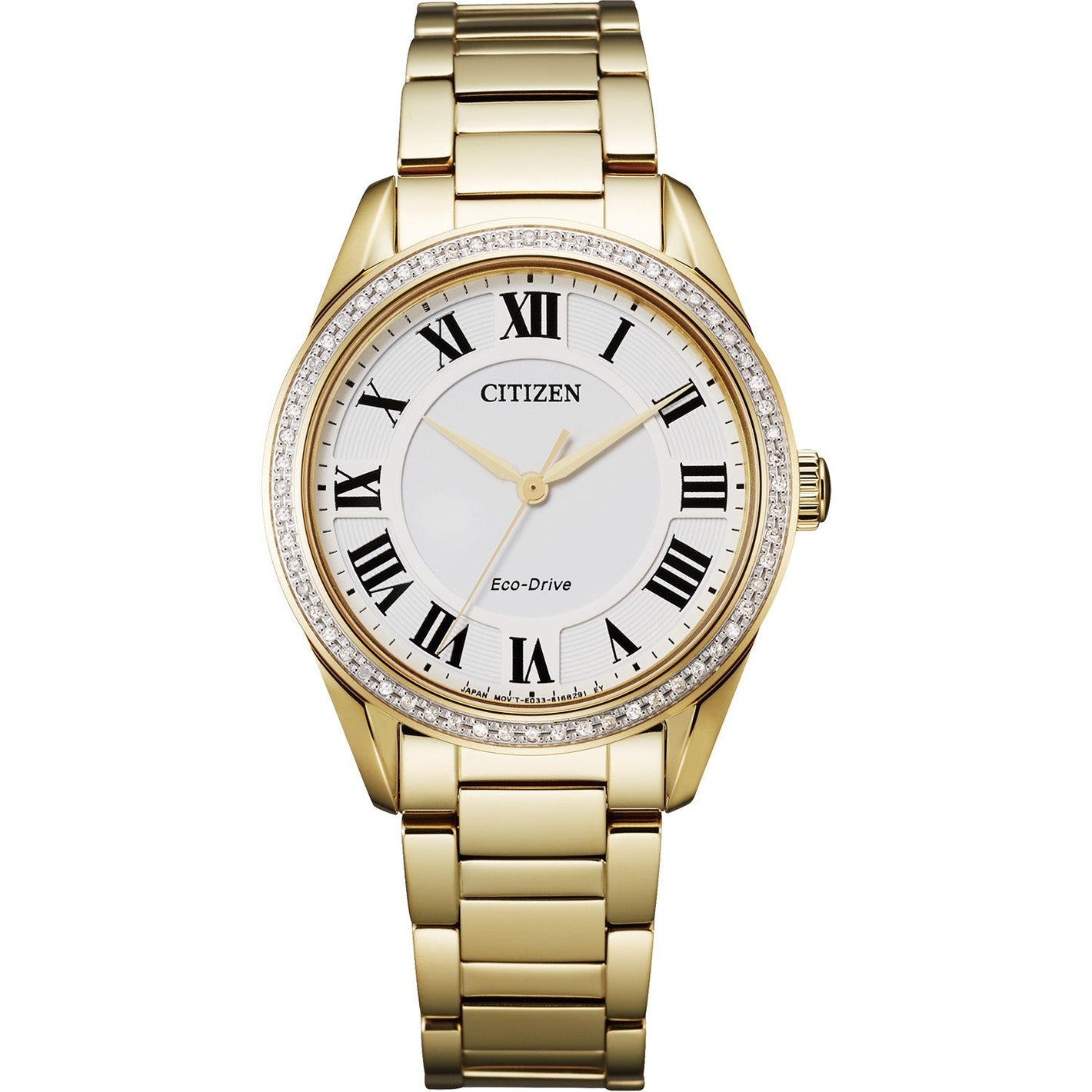Citizen EM0882-59A Arezzo watch featuring a gold-tone stainless steel case, white dial with black Roman numerals, diamond-set bezel, and matching bracelet—front view.