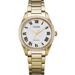 Citizen EM0882-59A Arezzo watch featuring a gold-tone stainless steel case, white dial with black Roman numerals, diamond-set bezel, and matching bracelet—front view.