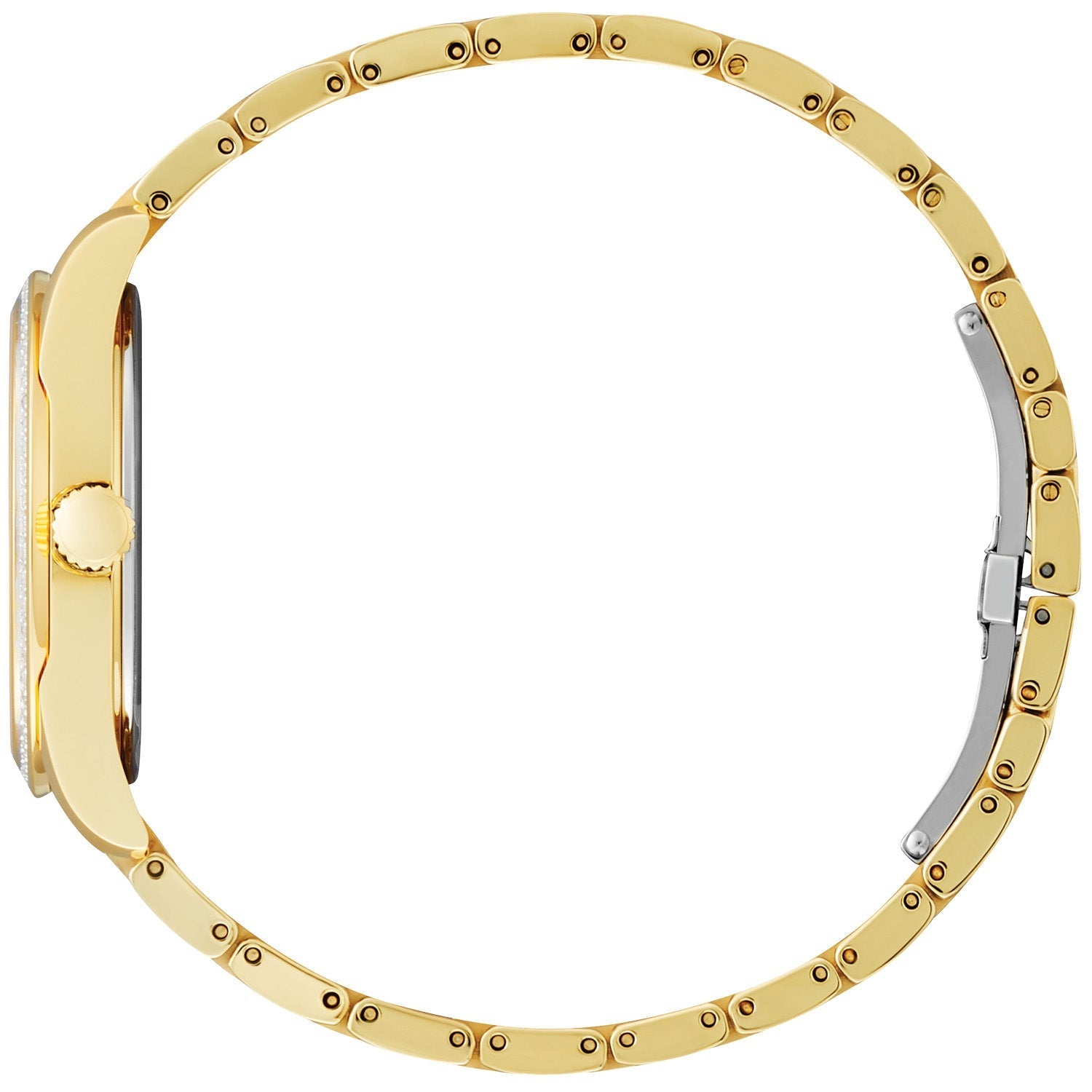 Side profile of Citizen EM0882-59A showcasing the slim gold-tone stainless steel case and textured crown.