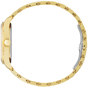 Side profile of Citizen EM0882-59A showcasing the slim gold-tone stainless steel case and textured crown.