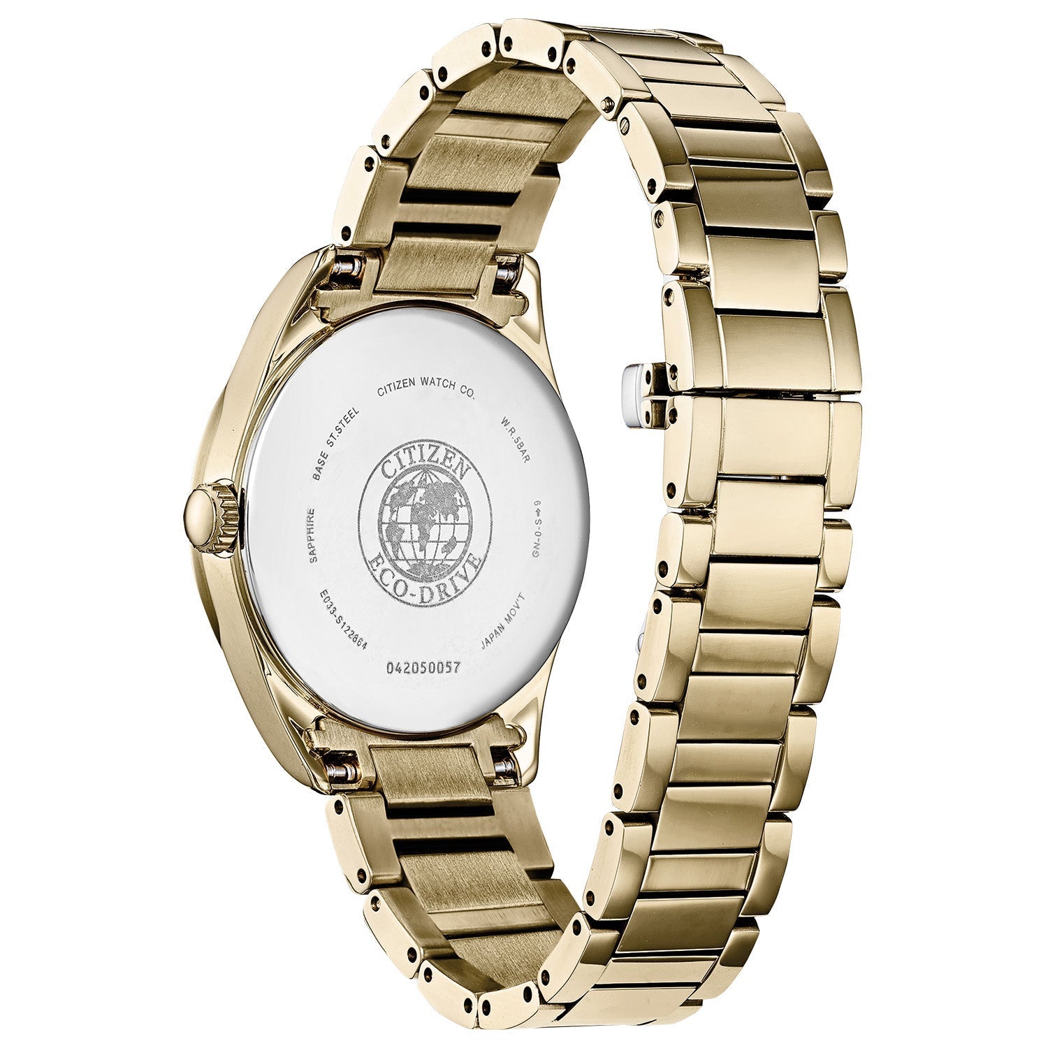 Back view of Citizen EM0882-59A highlighting the stainless steel case back with engraved details.
