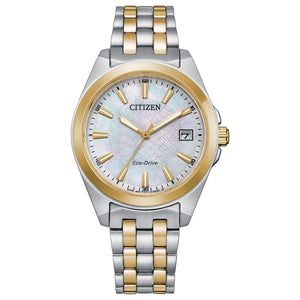 Citizen EO1224-54D Peyten watch featuring a two-tone stainless steel case, white mother-of-pearl dial with gold-tone hands and index hour markers, date display at 3 o'clock, and matching bracelet—front view.