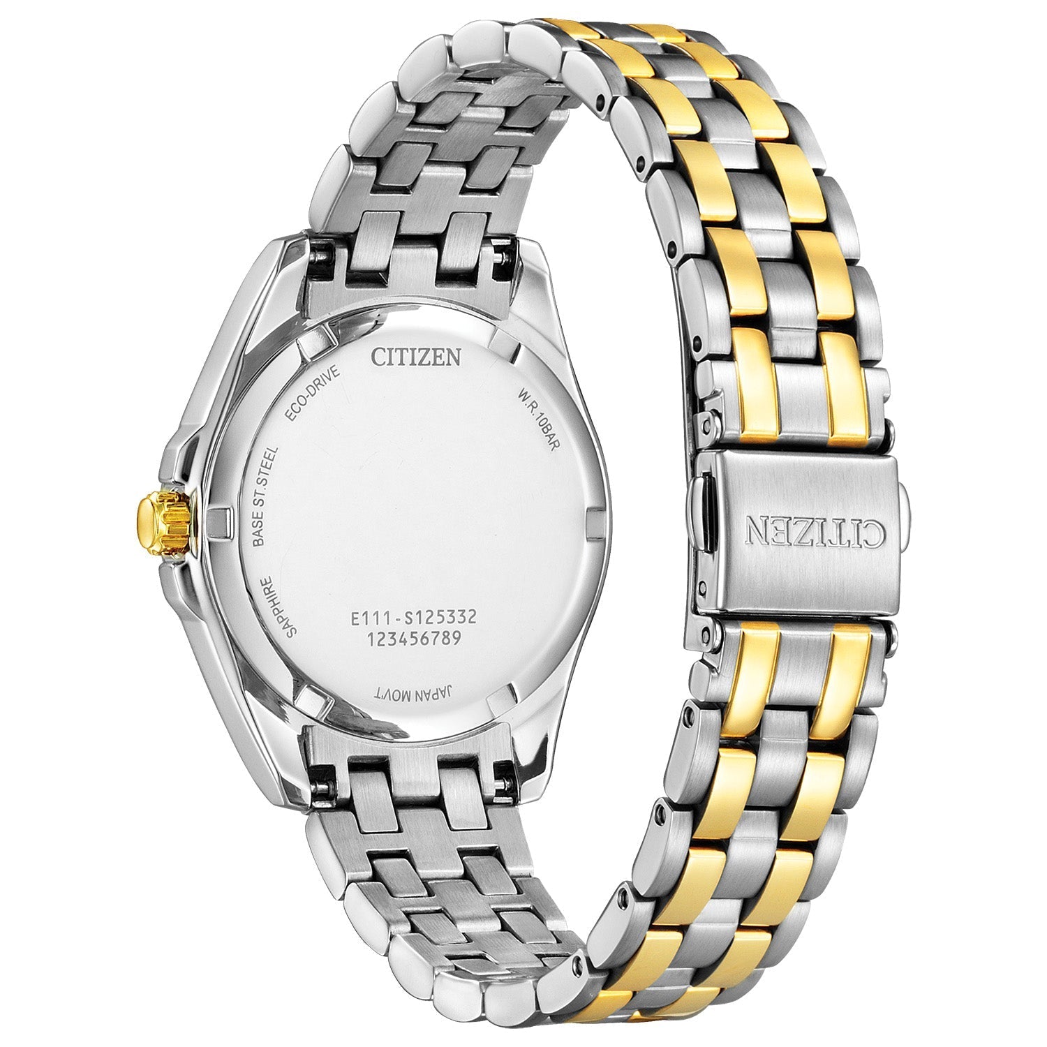 Back view of Citizen EO1224-54D highlighting the stainless steel case back with engraved details.