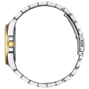 Side profile of Citizen EO1224-54D showcasing the slim two-tone stainless steel case and textured crown.