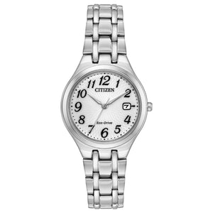 Citizen EW2480-59A Corso watch featuring a stainless steel case, white dial with silver-tone hands and black Arabic numeral hour markers, date display at 3 o'clock, and matching bracelet—front view.