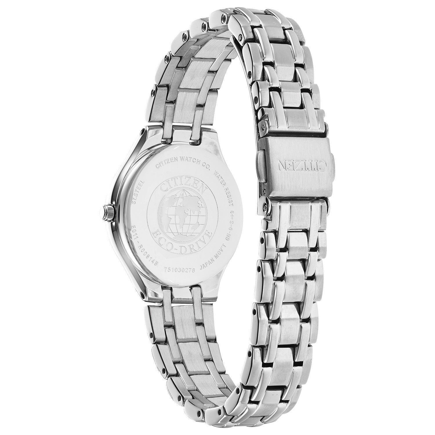 Back view of Citizen EW2480-59A highlighting the stainless steel case back with engraved details.