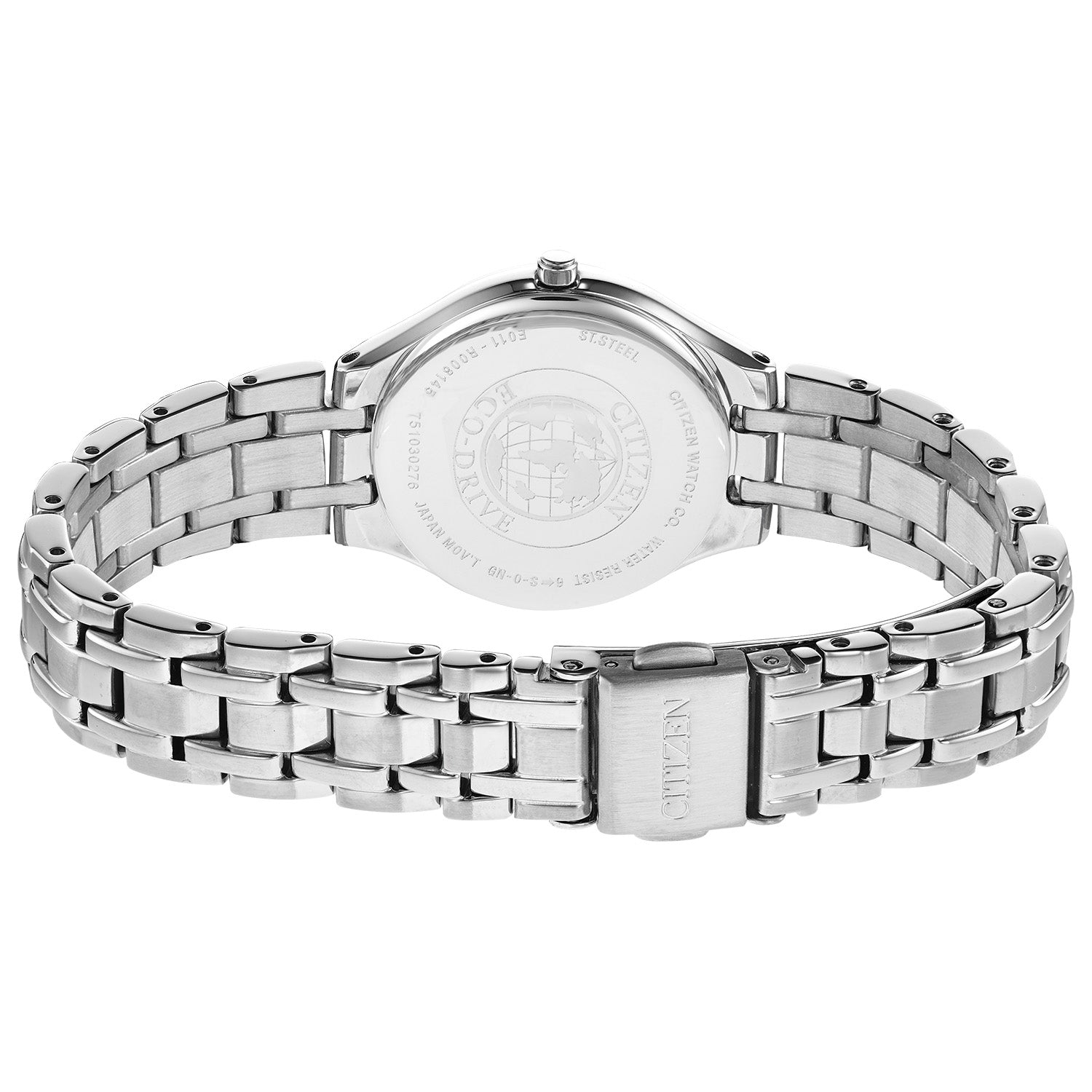 Back view of Citizen EW2480-59A highlighting the stainless steel case back with engraved details.