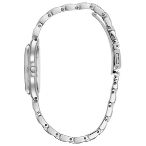 Side profile of Citizen EW2480-59A showcasing the slim stainless steel case and textured crown.