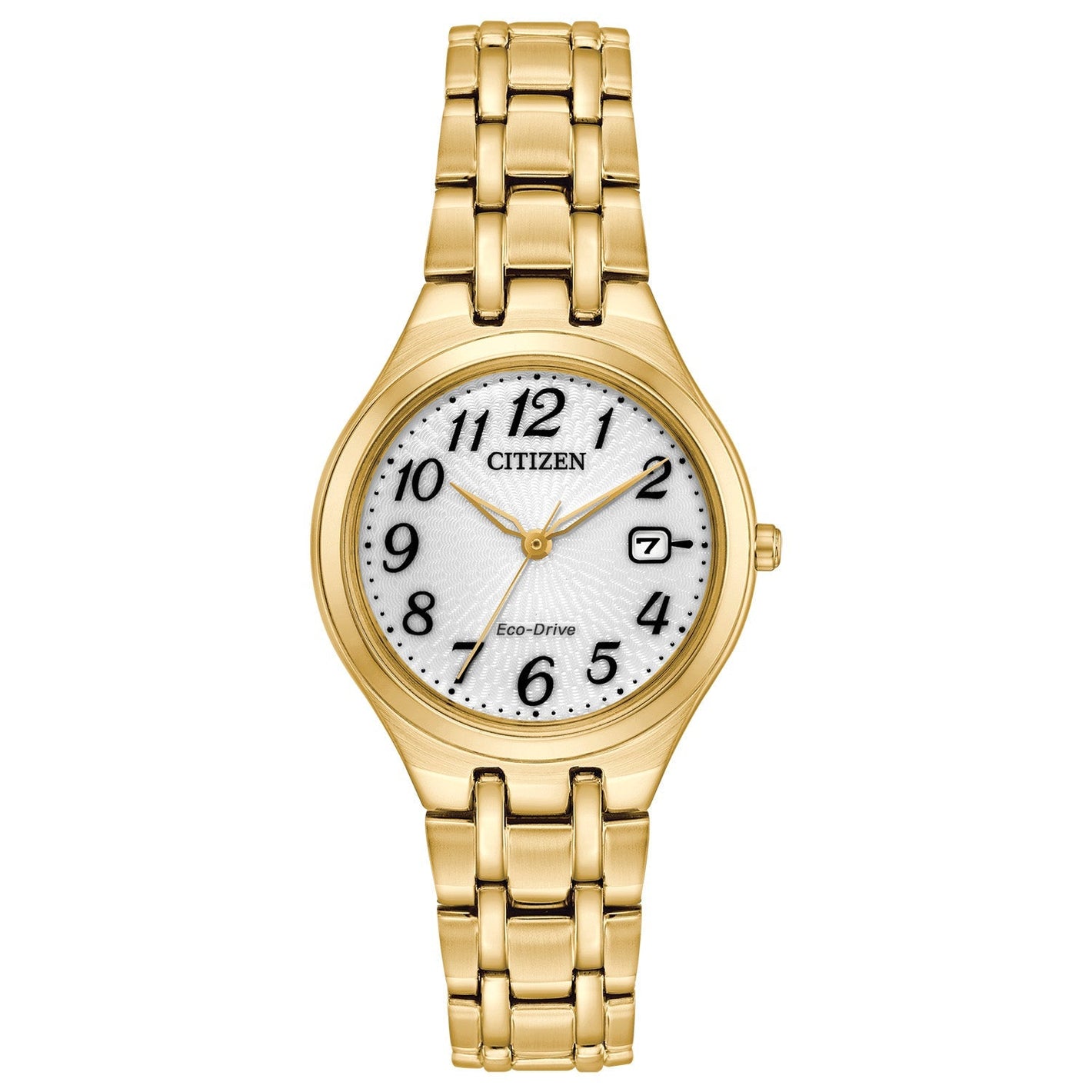 Citizen EW2482-53A Corso watch featuring a gold-tone stainless steel case, white dial with gold-tone hands and Arabic numeral hour markers, and matching bracelet—front view.​