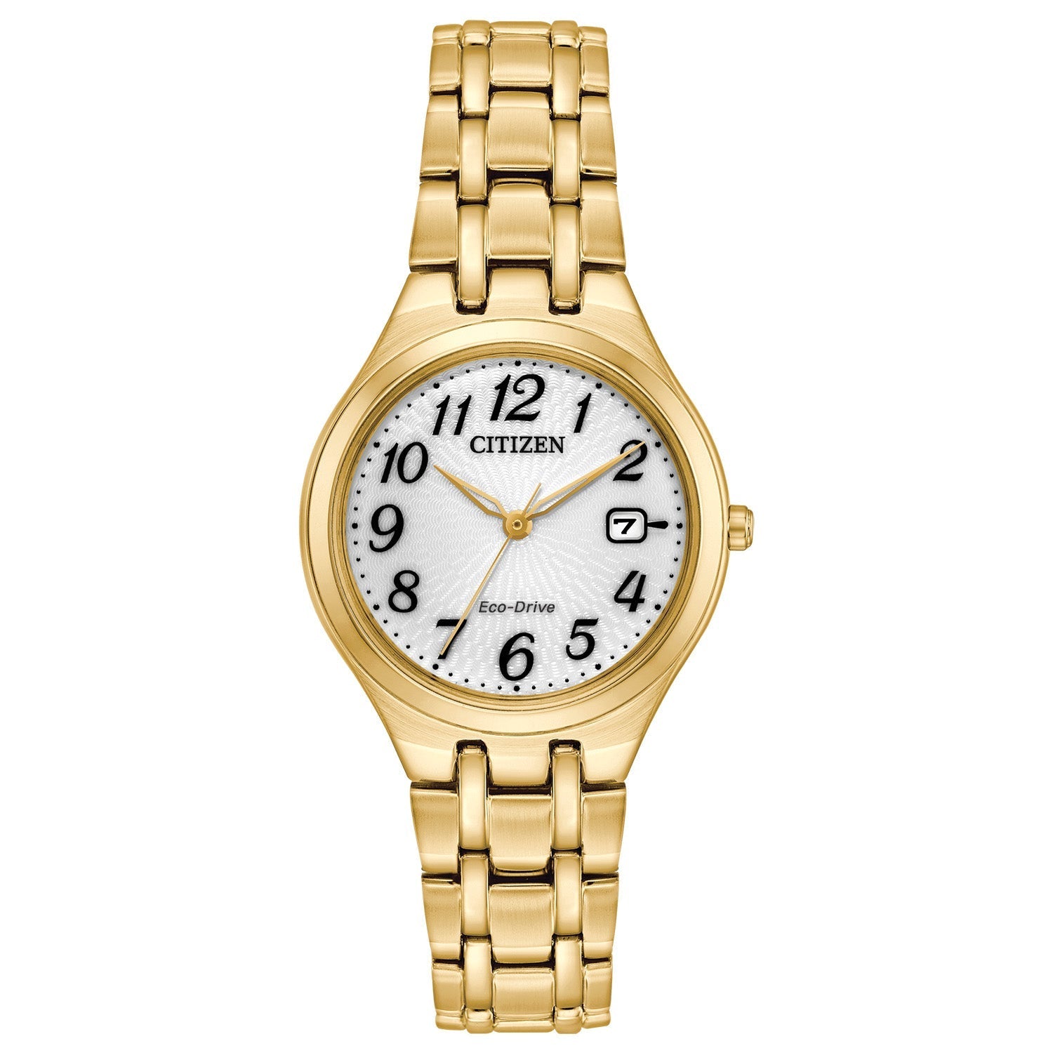 Citizen EW2482-53A Corso watch featuring a gold-tone stainless steel case, white dial with gold-tone hands and Arabic numeral hour markers, and matching bracelet—front view.​