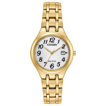 Citizen EW2482-53A Corso watch featuring a gold-tone stainless steel case, white dial with gold-tone hands and Arabic numeral hour markers, and matching bracelet—front view.​
