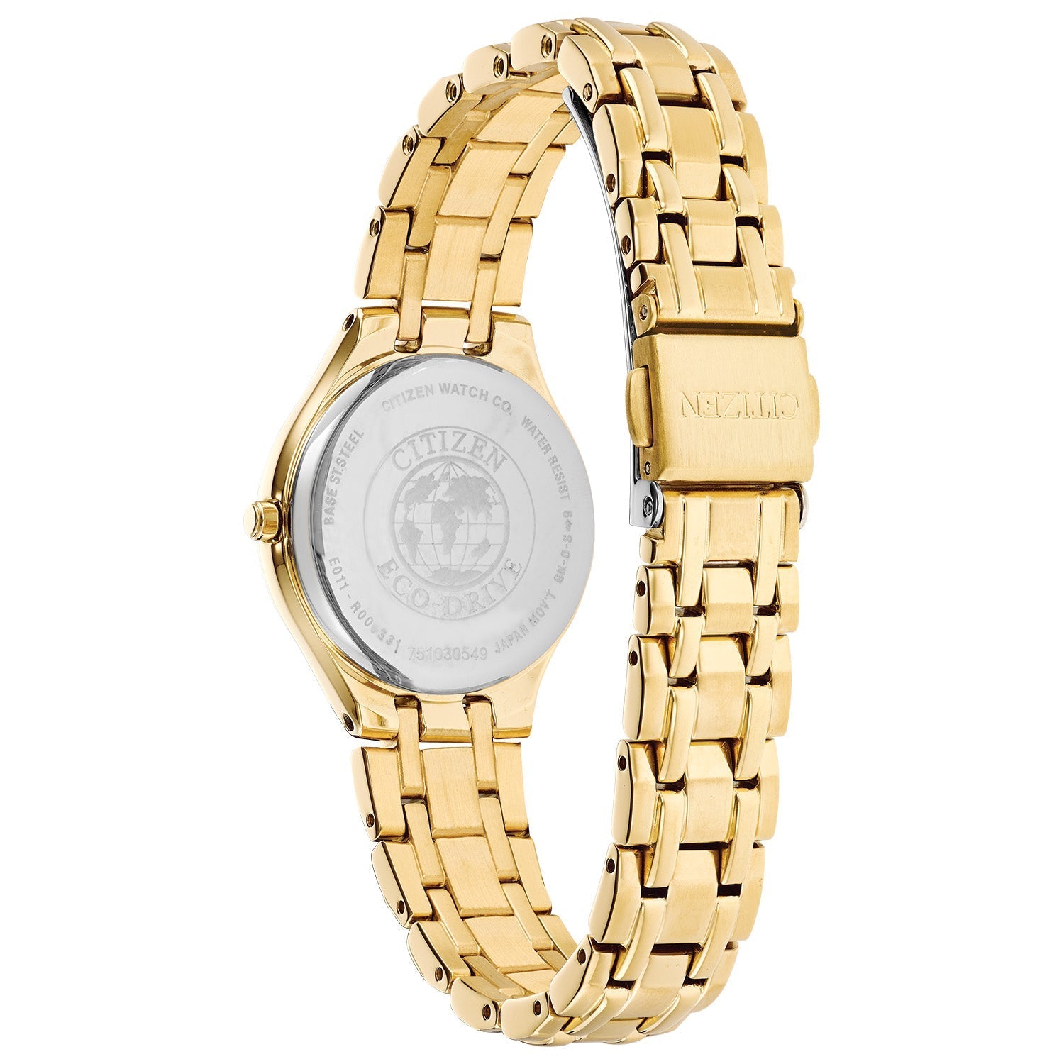 Back view of Citizen EW2482-53A highlighting the stainless steel case back with engraved details.