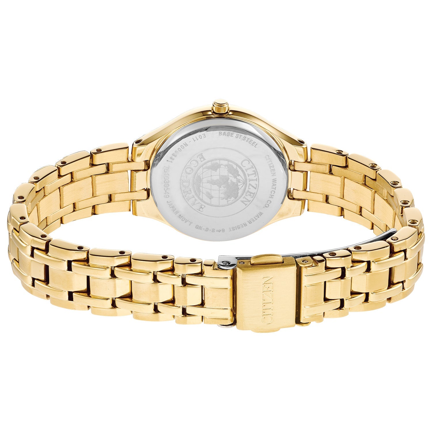 Back view of Citizen EW2482-53A highlighting the stainless steel case back with engraved details.