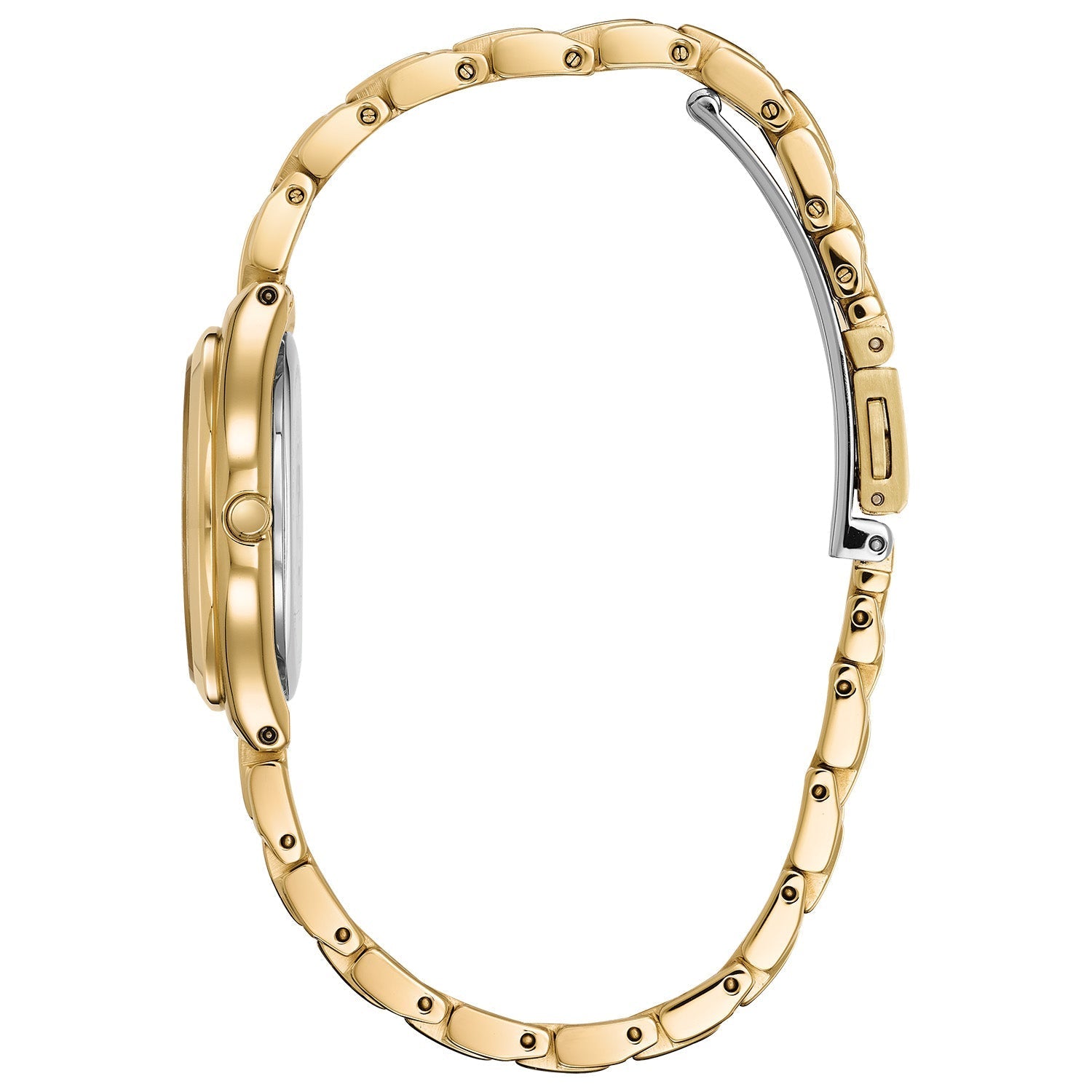 Side profile of Citizen EW2482-53A showcasing the slim gold-tone stainless steel case and textured crown.