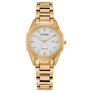 Citizen Corso EW2582-59A women's watch featuring a gold-tone stainless steel 28mm case with a silver-white luminous dial—front view.