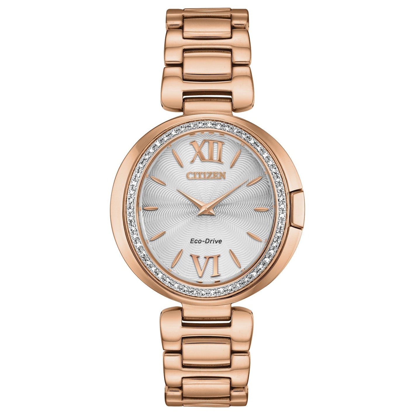 Citizen EX1503-54A Capella watch featuring a pink gold-tone stainless steel case adorned with a diamond-set bezel, silver-tone dial with rose gold-tone hands and index hour markers, and matching bracelet—front view.