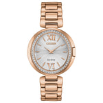 Citizen EX1503-54A Capella watch featuring a pink gold-tone stainless steel case adorned with a diamond-set bezel, silver-tone dial with rose gold-tone hands and index hour markers, and matching bracelet—front view.