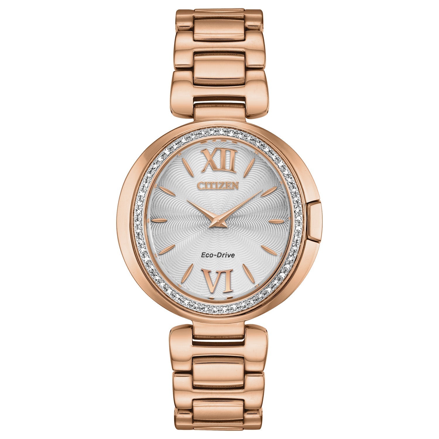 Citizen EX1503-54A Capella watch featuring a pink gold-tone stainless steel case adorned with a diamond-set bezel, silver-tone dial with rose gold-tone hands and index hour markers, and matching bracelet—front view.