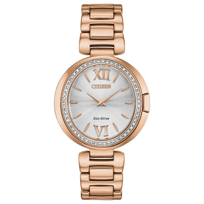 Citizen EX1503-54A Capella watch featuring a pink gold-tone stainless steel case adorned with a diamond-set bezel, silver-tone dial with rose gold-tone hands and index hour markers, and matching bracelet—front view.