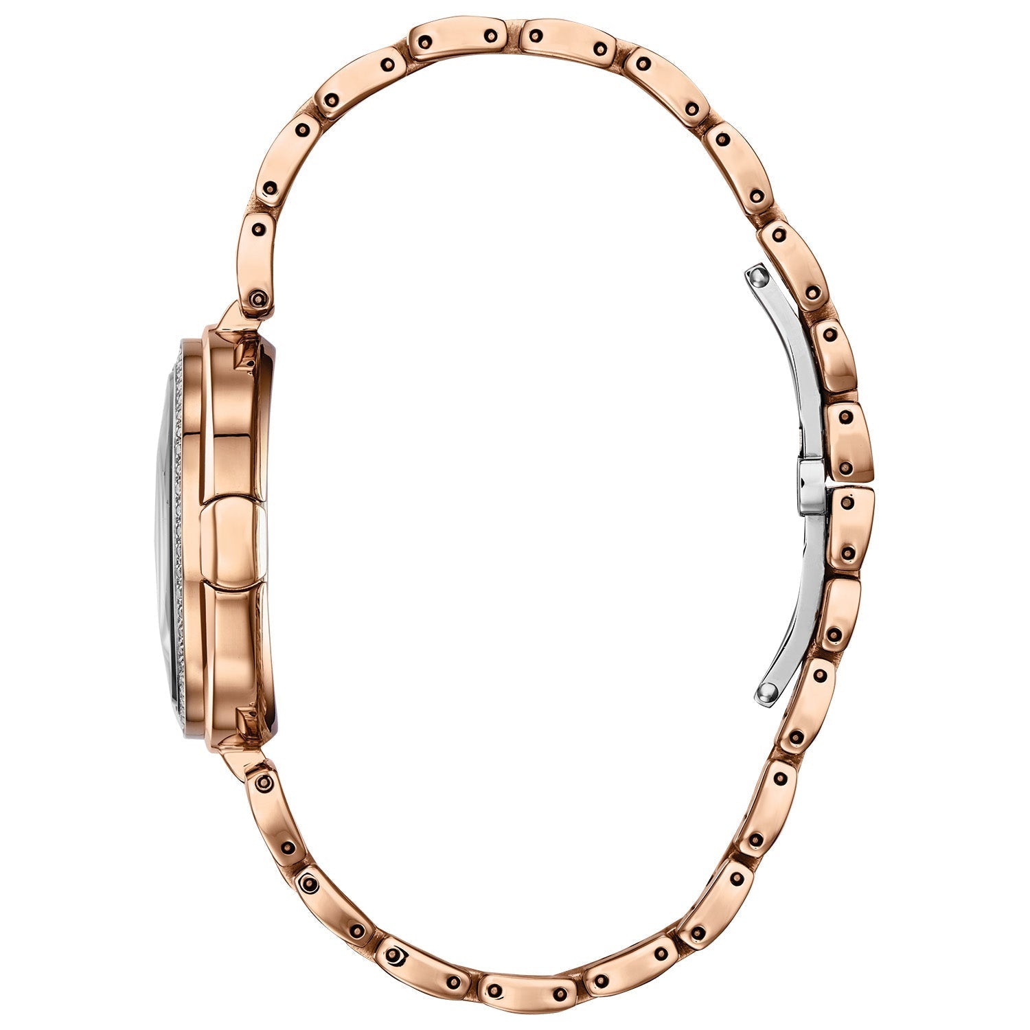 Side profile of Citizen EX1503-54A showcasing the slim pink gold-tone stainless steel case and textured crown.