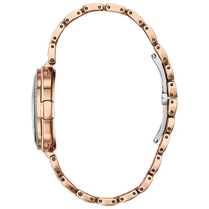 Side profile of Citizen EX1503-54A showcasing the slim pink gold-tone stainless steel case and textured crown.