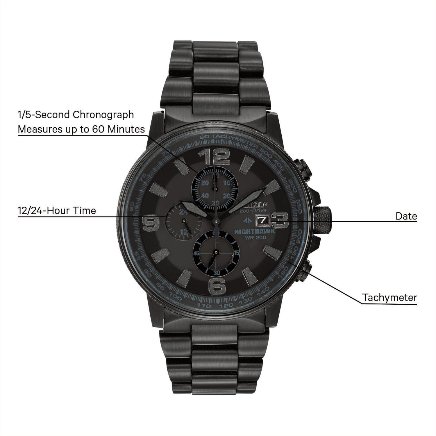 Citizen CA0295-58E men's black ion-plated stainless steel watch featuring a black dial with luminous hands and markers, tachymeter bezel, and chronograph sub-dials—front view