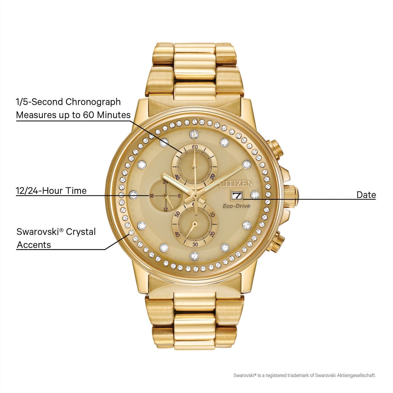 Citizen FB3002-53P men's gold-tone stainless steel watch featuring a champagne dial with gold-tone hands and crystal-set hour markers—front view.​