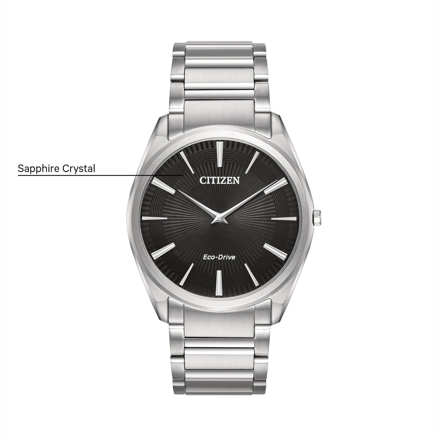 Citizen AR3070-55E men's ultra-thin stainless steel watch featuring a black Guilloché dial with silver-tone hands—front view.​