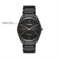 Citizen Stiletto Eco-Drive AR3075-51E featuring a black guilloché dial with silver-tone hands and markers, black-tone stainless steel case and bracelet—front view.