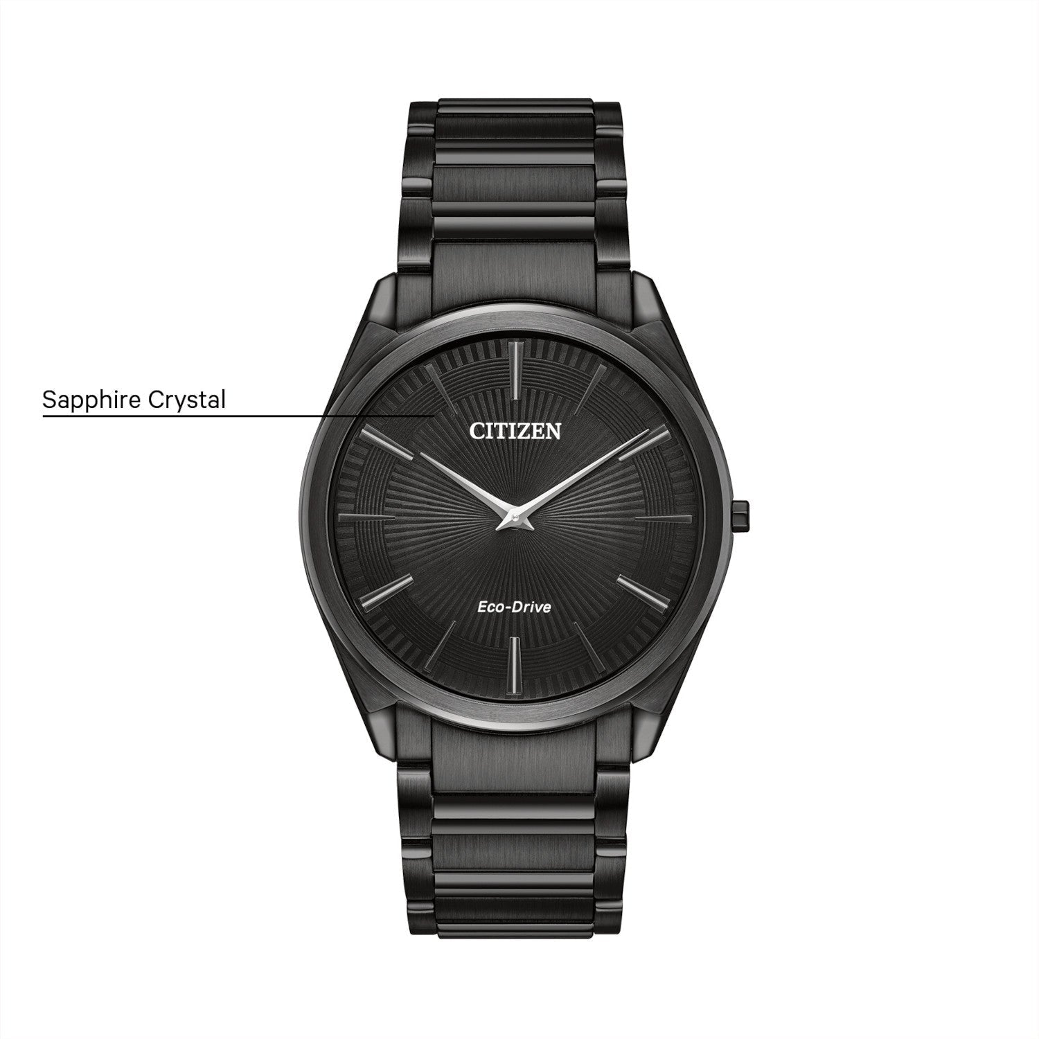 Citizen Stiletto Eco-Drive AR3075-51E featuring a black guilloché dial with silver-tone hands and markers, black-tone stainless steel case and bracelet—front view.