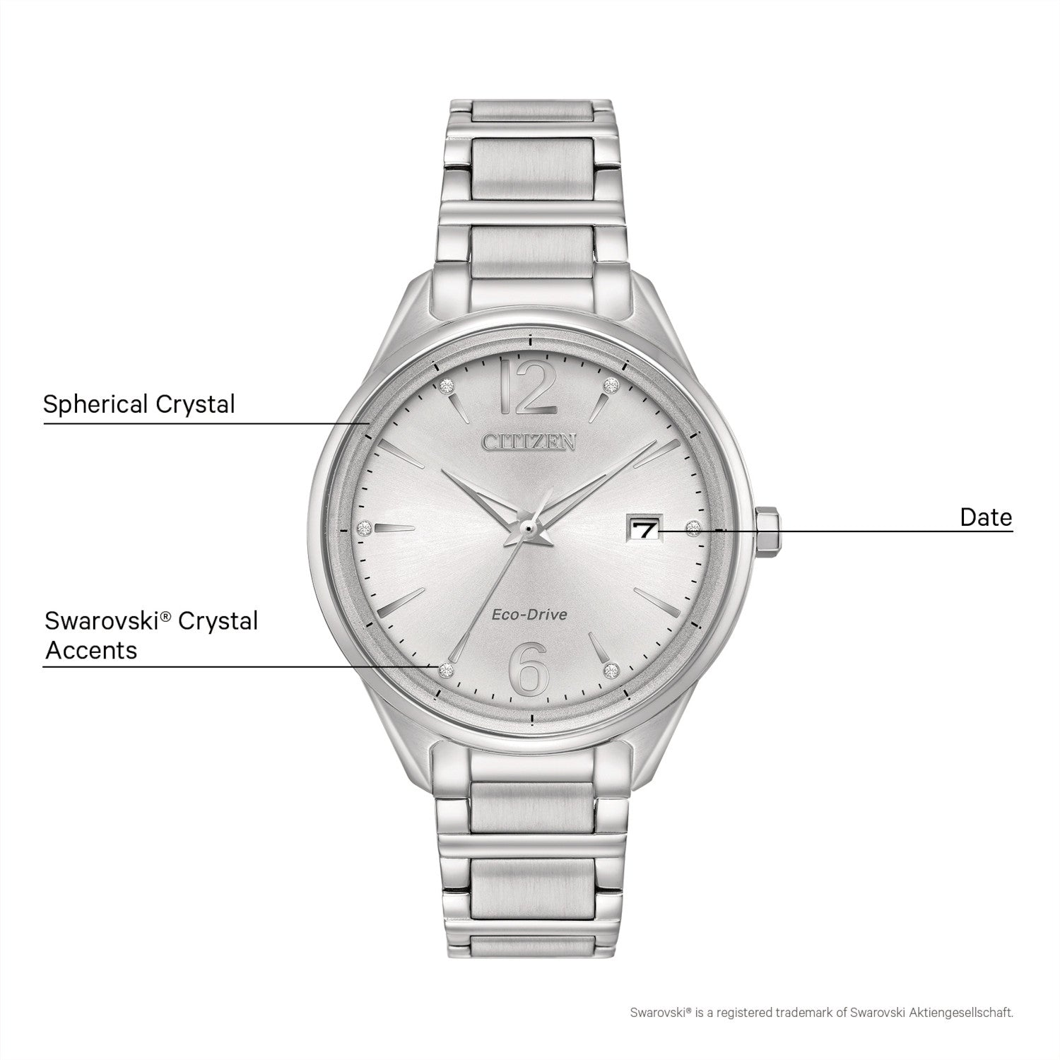  Citizen FE6100-59A Chandler watch featuring a stainless steel case, silver-tone dial with luminous hands and hour markers, Arabic numerals at 6 and 12 o'clock positions, date display at 3 o'clock, and matching bracelet—front view.