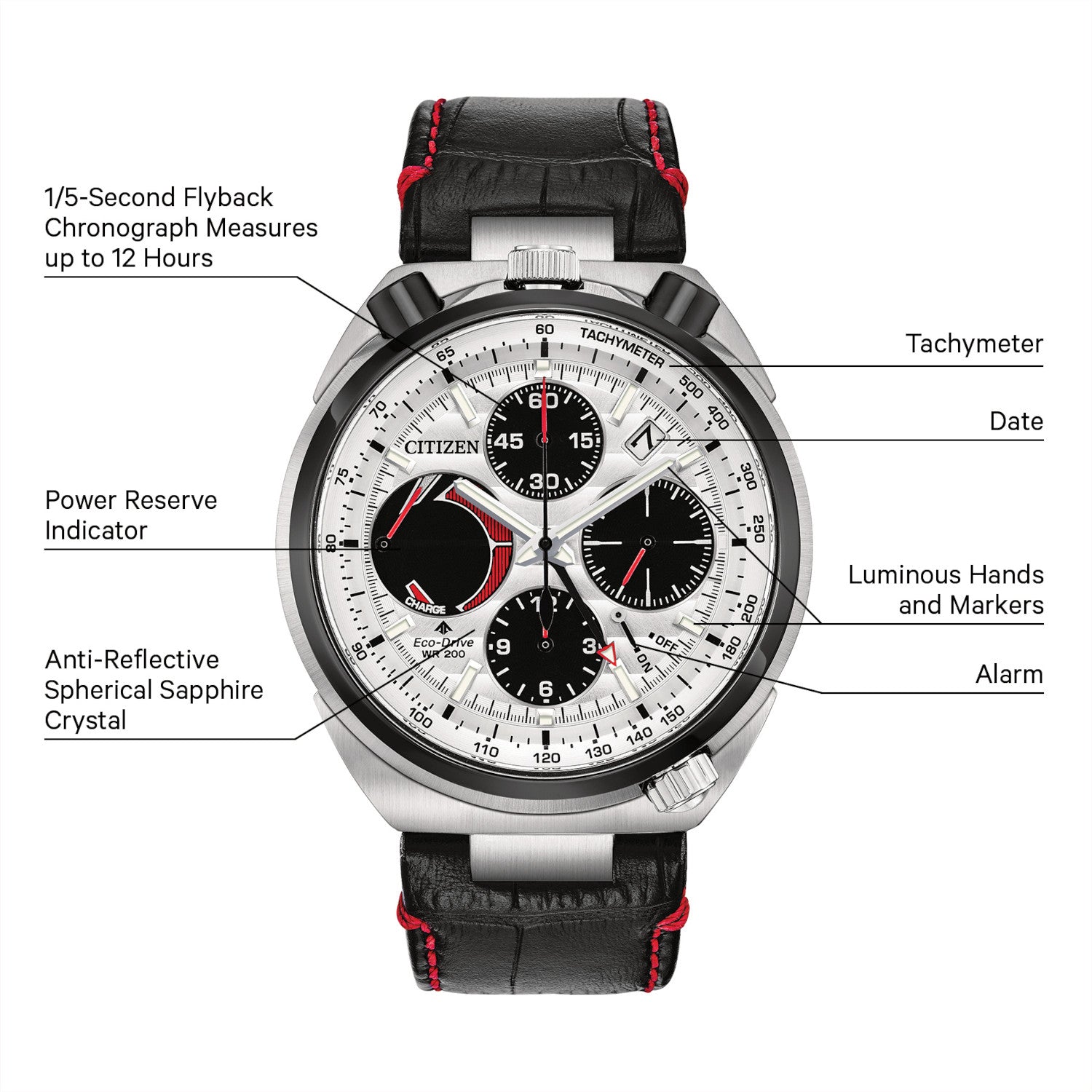 Citizen Promaster Tsuno Chronograph Racer AV0071-03A featuring a silver-tone dial with black sub-dials, red accents, and bullhead-style pushers—front view.