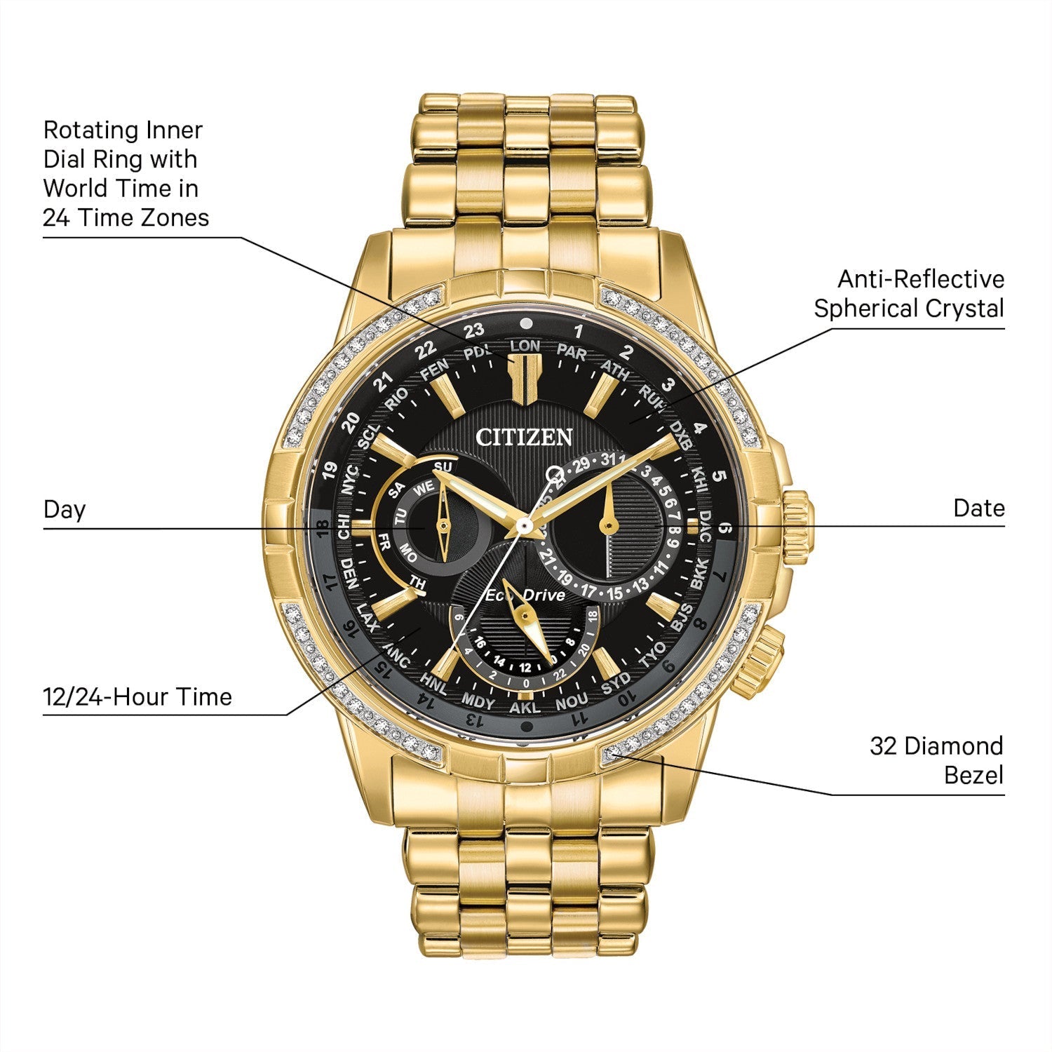 Citizen BU2082-56E men's gold-tone stainless steel watch featuring a black dial with day, date, and 12/24-hour sub-dials, surrounded by a diamond-accented bezel—front view.