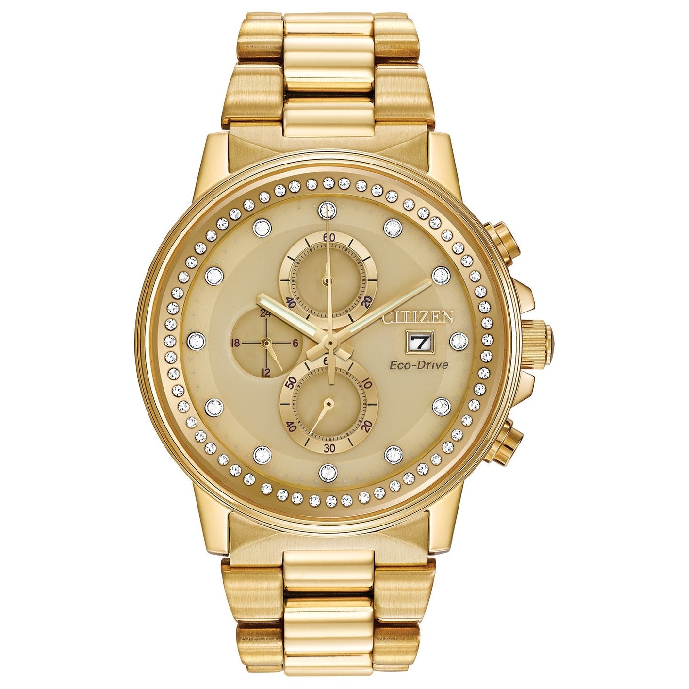 Citizen FB3002-53P men's gold-tone stainless steel watch featuring a champagne dial with gold-tone hands and crystal-set hour markers—front view.​