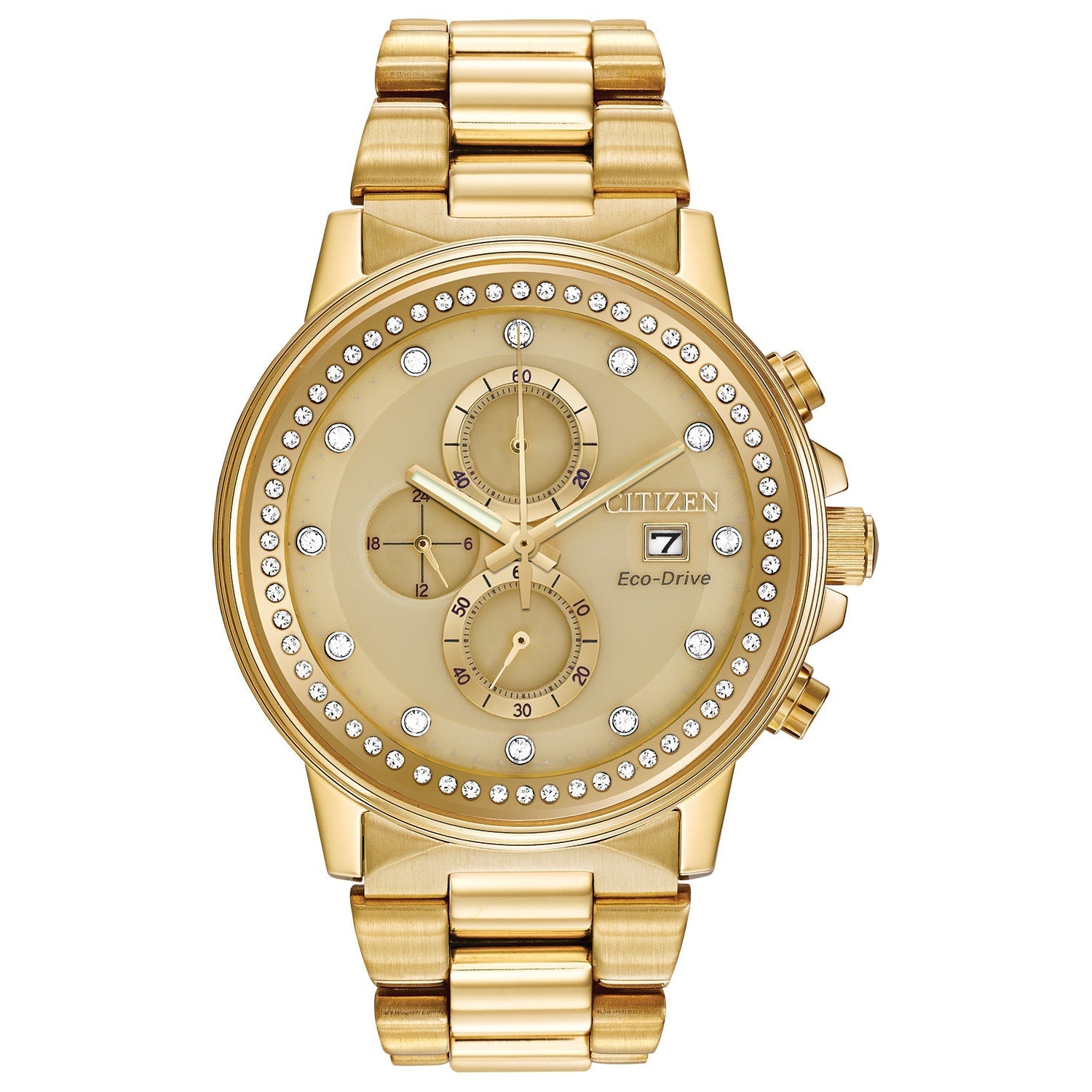 Citizen FB3002-53P men's gold-tone stainless steel watch featuring a champagne dial with gold-tone hands and crystal-set hour markers—front view.​