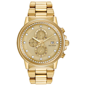 Citizen FB3002-53P men's gold-tone stainless steel watch featuring a champagne dial with gold-tone hands and crystal-set hour markers—front view.​