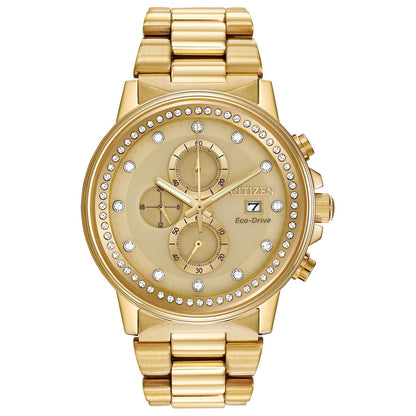 Citizen FB3002-53P men's gold-tone stainless steel watch featuring a champagne dial with gold-tone hands and crystal-set hour markers—front view.​
