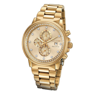 Side profile of the Citizen FB3002-53P showcasing the gold-tone case, crystal-adorned bezel, and textured crown.​