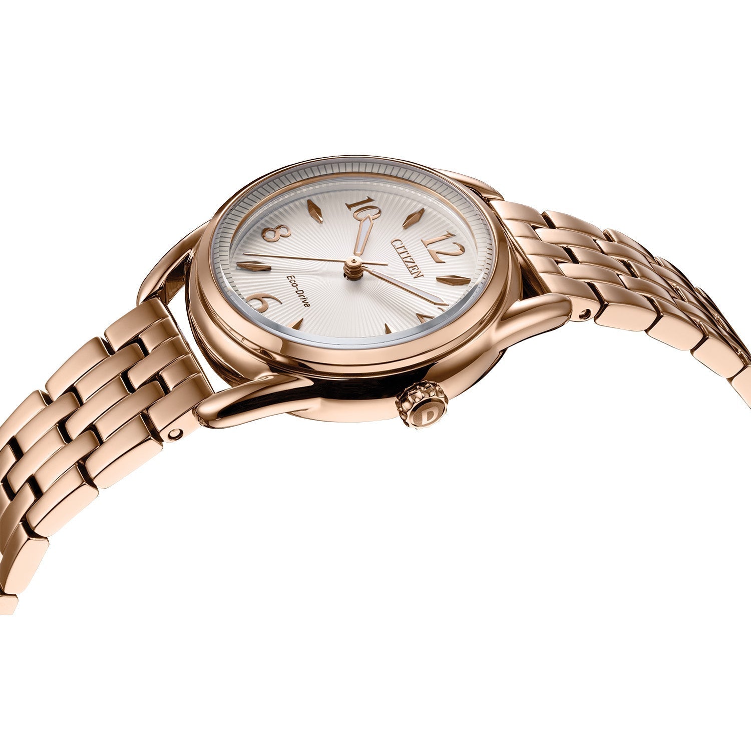 Side profile of Citizen FE1213-50A showcasing the slim pink gold-tone stainless steel case and textured crown.