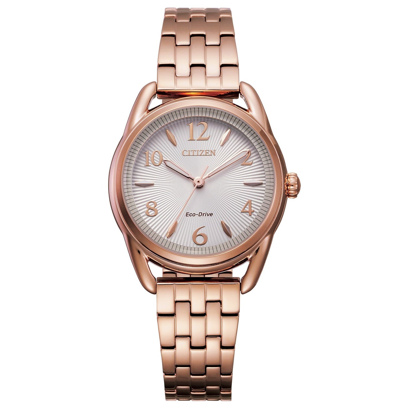 Citizen FE1213-50A Drive watch featuring a pink gold-tone stainless steel case, silver-white sunray dial with gold-tone Arabic numerals, and matching bracelet—front view.