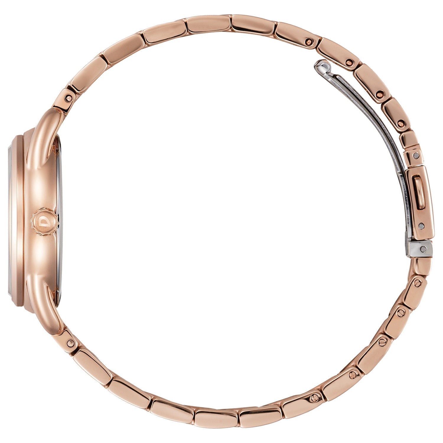 Side profile of Citizen FE1213-50A showcasing the slim pink gold-tone stainless steel case and textured crown.