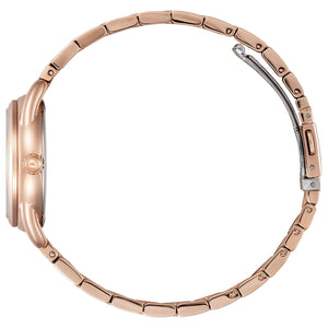 Side profile of Citizen FE1213-50A showcasing the slim pink gold-tone stainless steel case and textured crown.