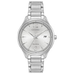 Citizen FE6100-59A Chandler watch featuring a stainless steel case, silver-tone dial with luminous hands and hour markers, Arabic numerals at 6 and 12 o'clock positions, date display at 3 o'clock, and matching bracelet—front view.