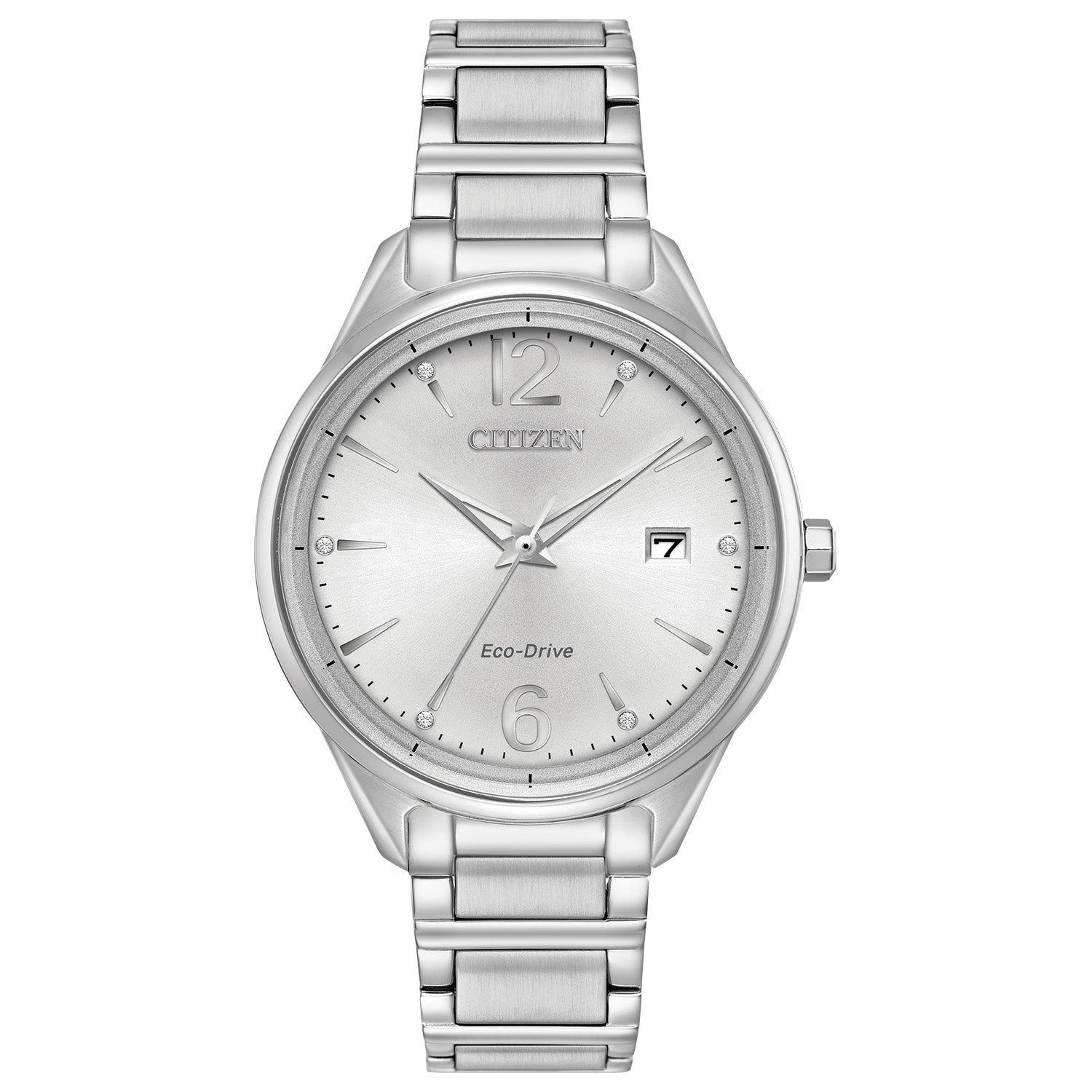 Citizen FE6100-59A Chandler watch featuring a stainless steel case, silver-tone dial with luminous hands and hour markers, Arabic numerals at 6 and 12 o'clock positions, date display at 3 o'clock, and matching bracelet—front view.
