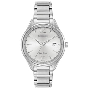Citizen FE6100-59A Chandler watch featuring a stainless steel case, silver-tone dial with luminous hands and hour markers, Arabic numerals at 6 and 12 o'clock positions, date display at 3 o'clock, and matching bracelet—front view.