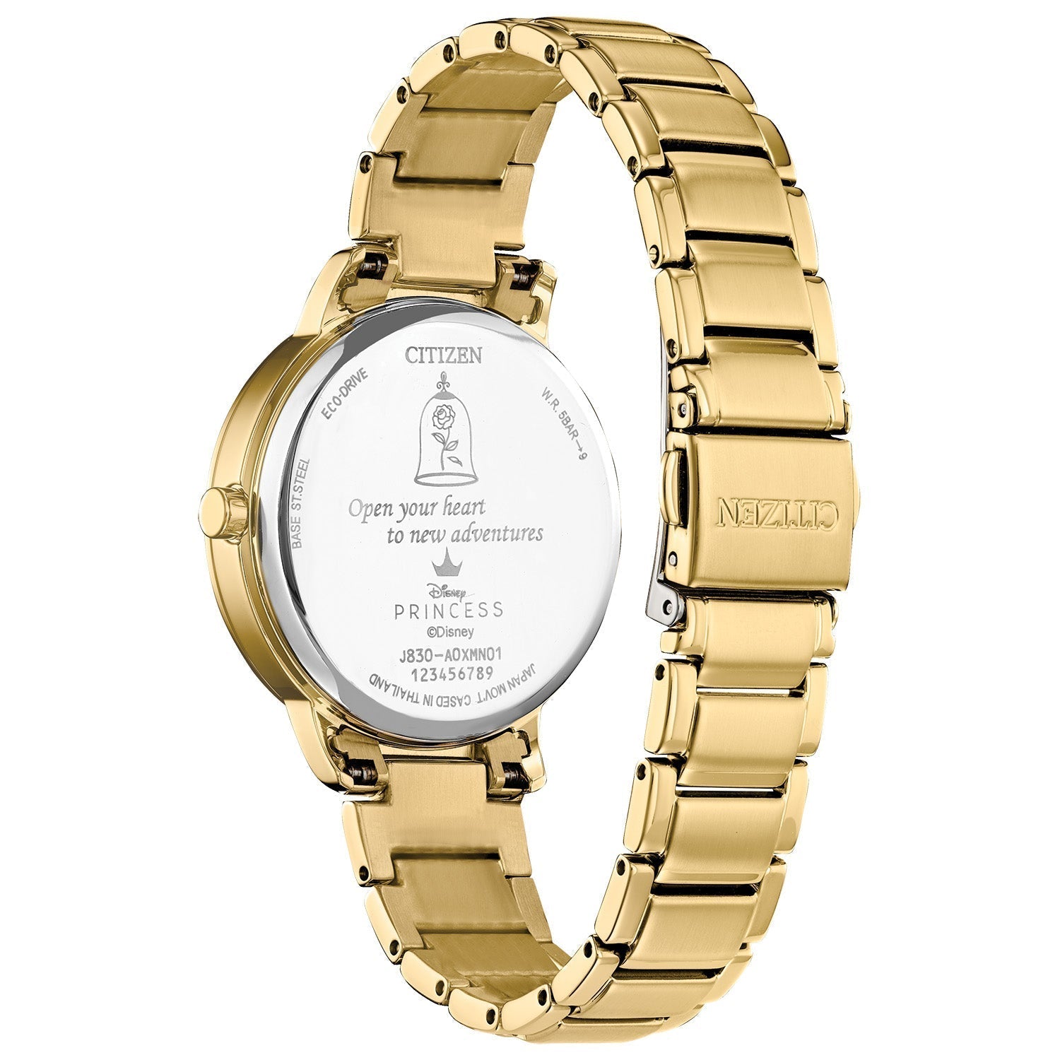 Back view of Citizen FE7048-51D women's watch, showcasing the engraved rose inside a bell jar and the inscription 'Open your heart to new adventures.
